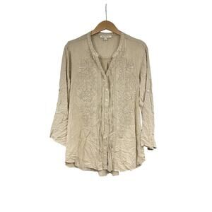 Solitaire Tan Beige Embroidered Boho Bohemian Tunic Button Up Shirt Womens XL